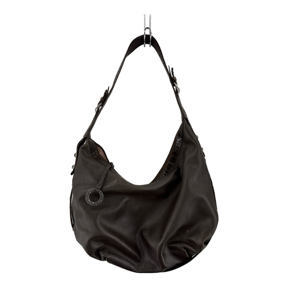 Brighton Womens Hobo Handbag Brown Leather Crocodile Print Trim Embellished M